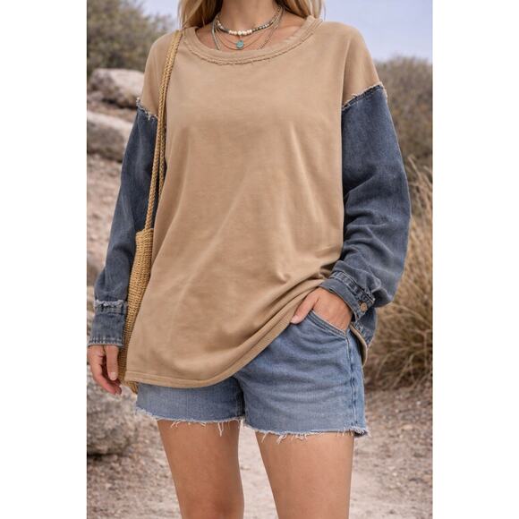 easel Sweaters - Easel Pullover Sweater Boho Chic Oversized Casual Relaxed Small Denim Sleeves